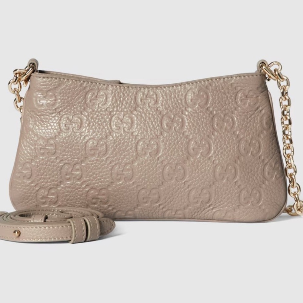 GUCCI GG EMBLEM SMALL LEATHER SHOULDER BAG TAUPE